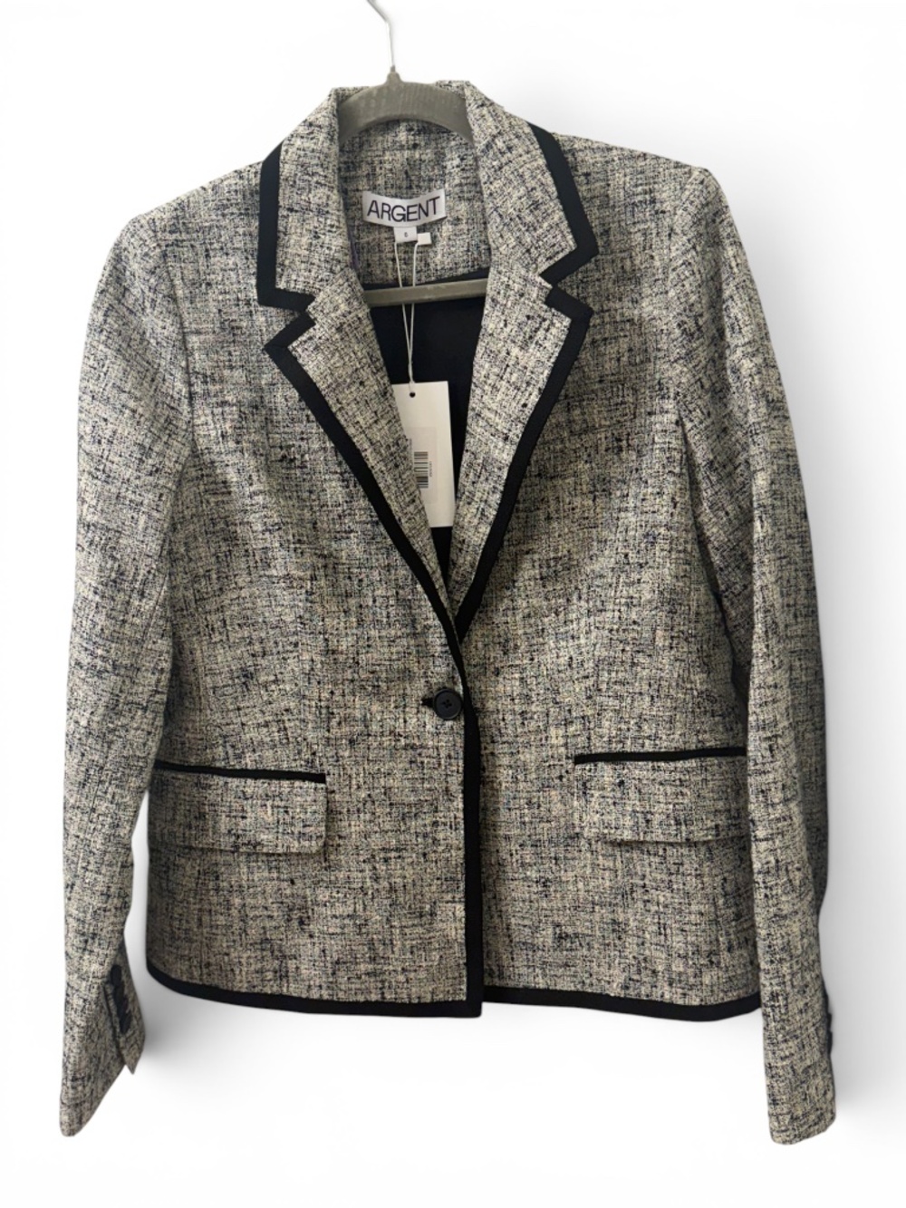 (NWOT) ARGENT Women's Black Trim Tweed Blazer - Ivory/Black